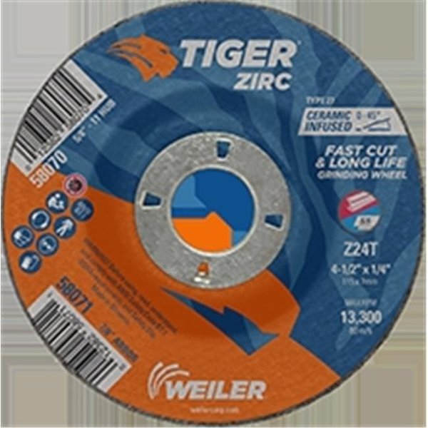 Weiler Weiler 804-58071 4.5 x 0.25 in. Tiger Zirc Type 27 Grinding Wheel; Z24T - 0.87 in. Nut; Pack of 10 804-58071